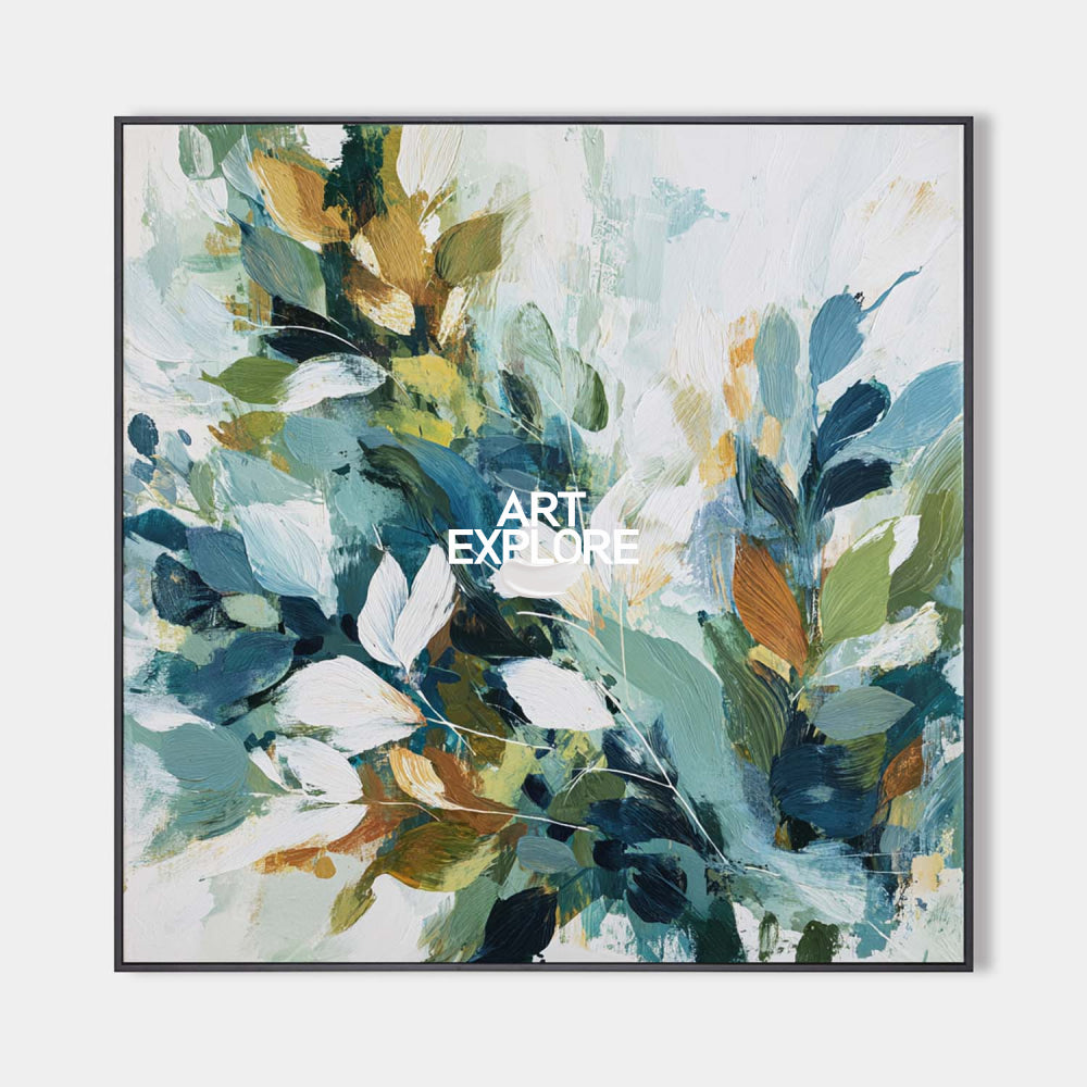 Large Botanical Abstract Painting Green Teal Leaves Canvas Art