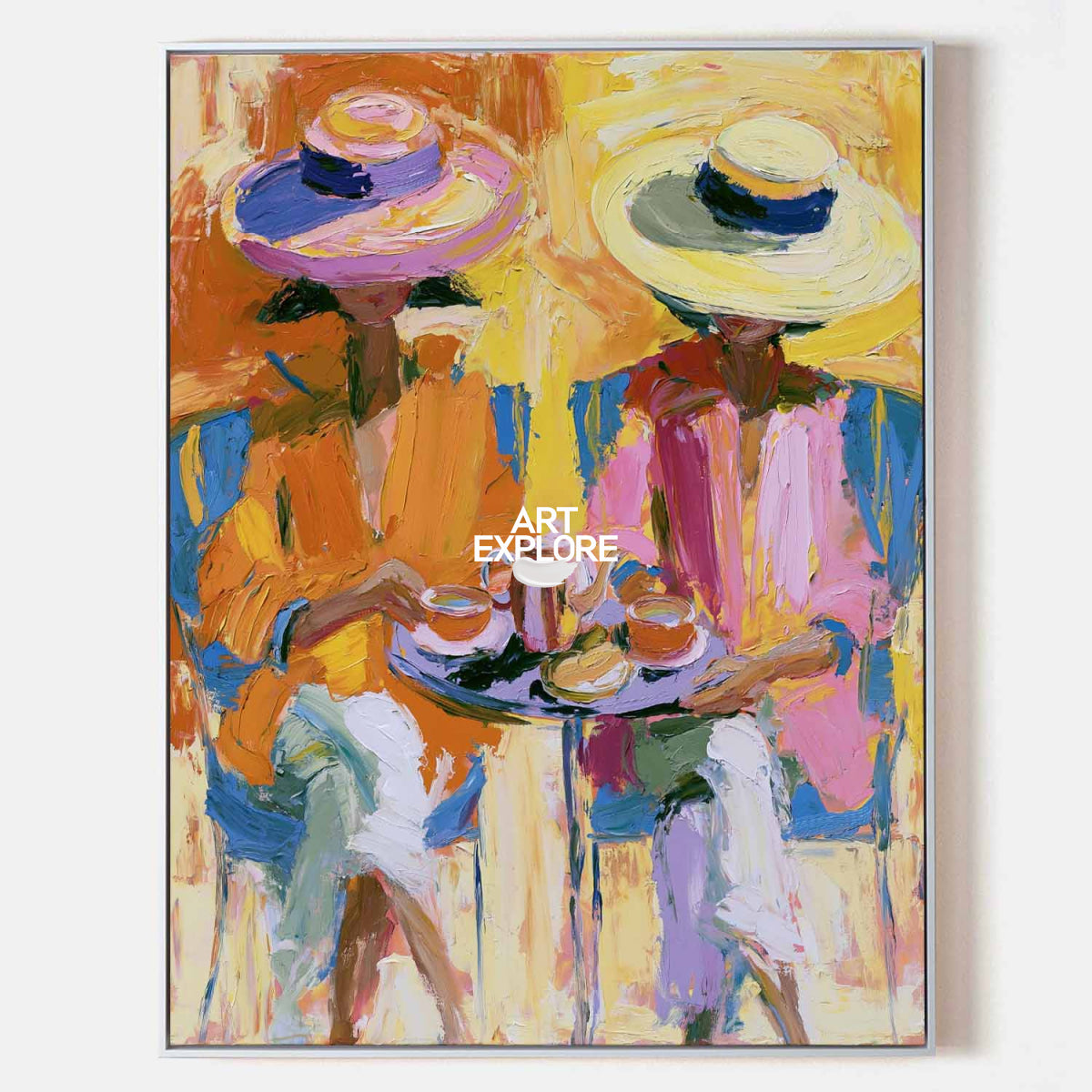 Colorful Women At Tea Time Hand-Painted Canvas Art Modern Expressive Painting
