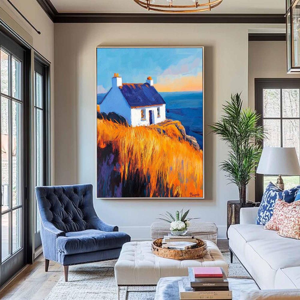 Large Country View Wall Art Blue Landscape Wall Art Modern Fine Art Paintings for Livingroom