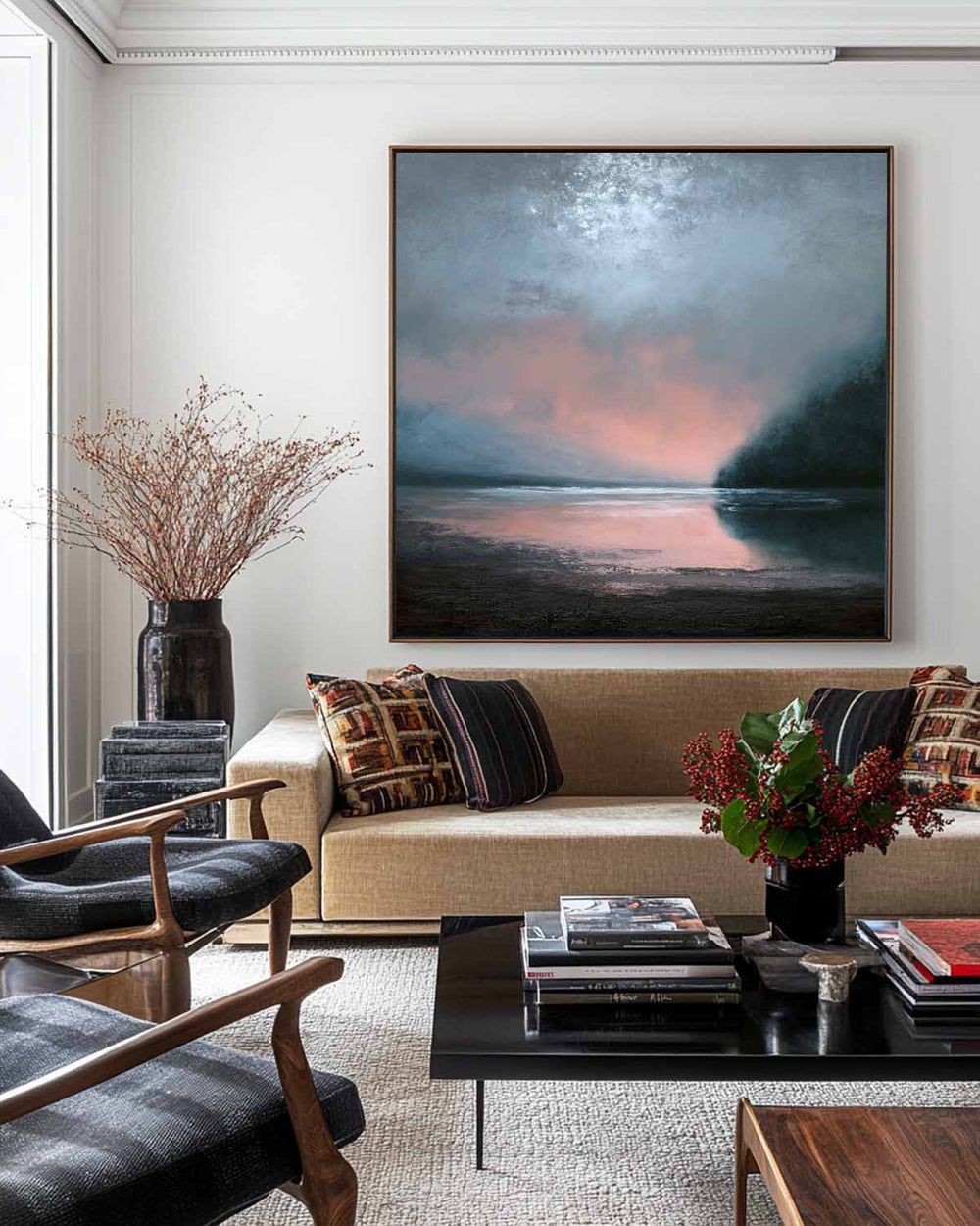 Large Dark Blue Sea and Sunset Painting Seaside Textured Art Modern Blue Abstract Wall Art For Sale