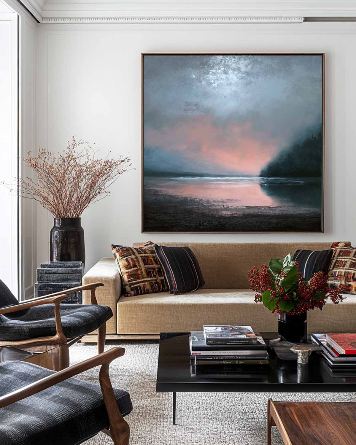 Large Dark Blue Sea and Sunset Painting Seaside Textured Art Modern Blue Abstract Wall Art For Sale