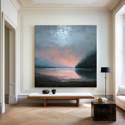 Large Dark Blue Sea and Sunset Painting Seaside Textured Art Modern Blue Abstract Wall Art For Sale