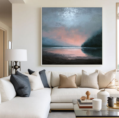 Large Dark Blue Sea and Sunset Painting Seaside Textured Art Modern Blue Abstract Wall Art For Sale