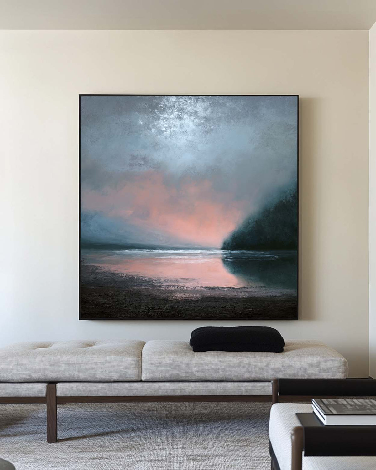 Large Dark Blue Sea and Sunset Painting Seaside Textured Art Modern Blue Abstract Wall Art For Sale