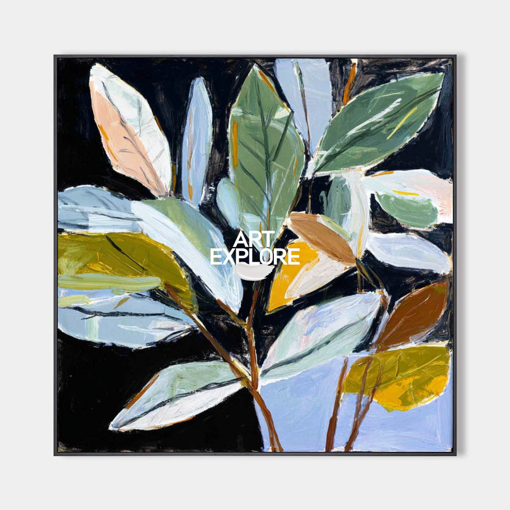 Large Dark Botanical Abstract Painting Sage & Mustard Leaf Art