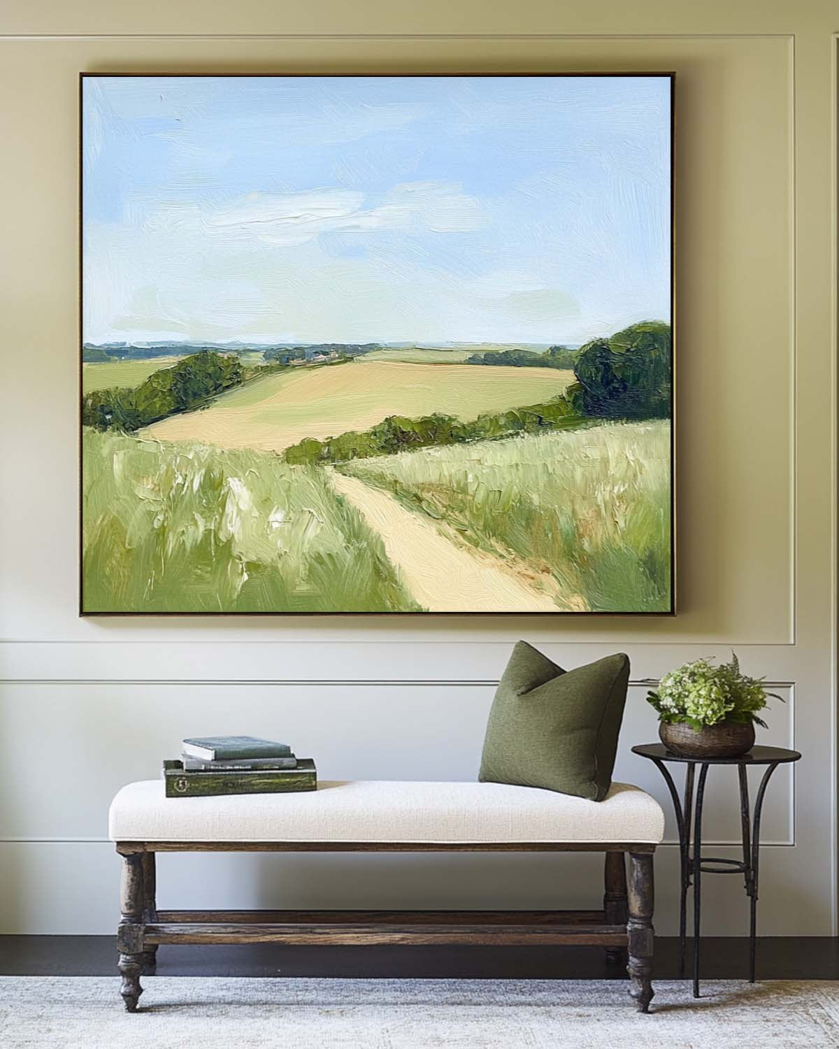 Large Green Field Painting Green Landscape Textured Wall Art Field View Painting Livingroom Wall Art