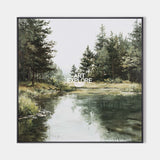 Large Green Lake Landscape Oil Painting – Minimalist Nature Wall Art | ArtExplore