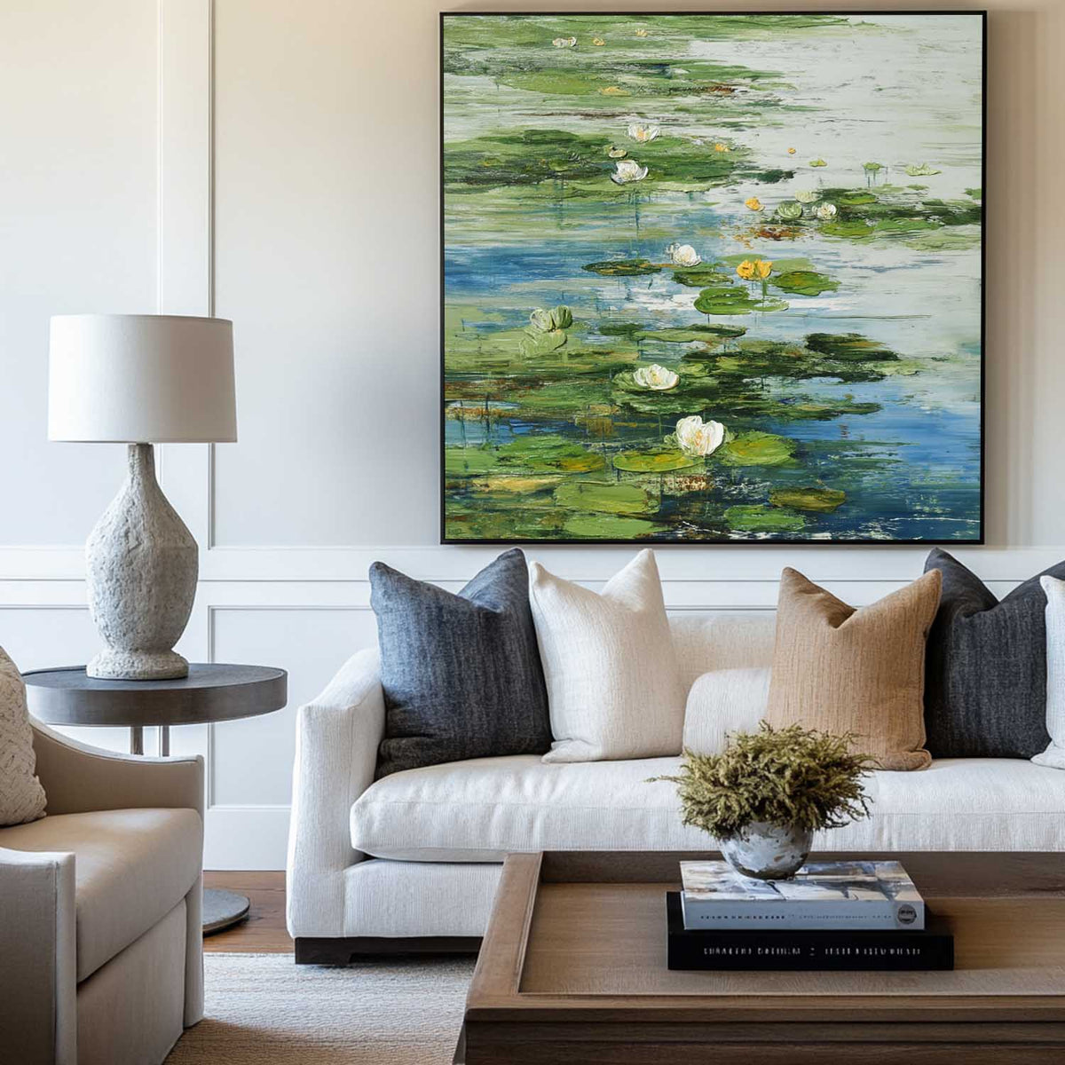 Green Lotus Oil Painting Green Pond Textured Artworks Large Green Abstract Canvas Art For Livingroom