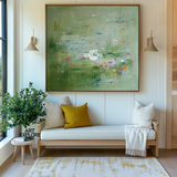 Large Green Lotus Pond Canvas | Handmade Modern Landscape Wall Decor