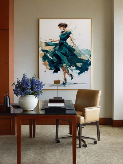 Large Green Painting Of Woman in Green Dress Handmade Oil Painting, ArtExplore Handmade Abstract Art