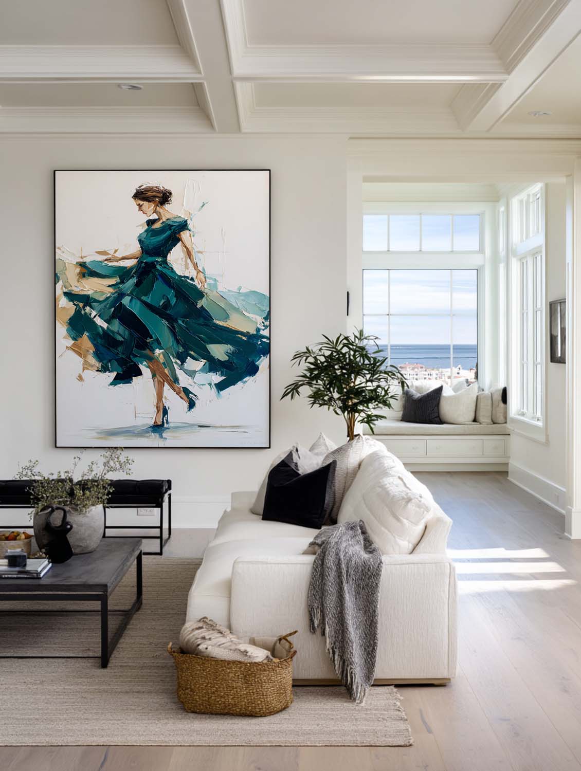 Large Green Painting Of Woman in Green Dress Handmade Oil Painting, ArtExplore Handmade Abstract Art