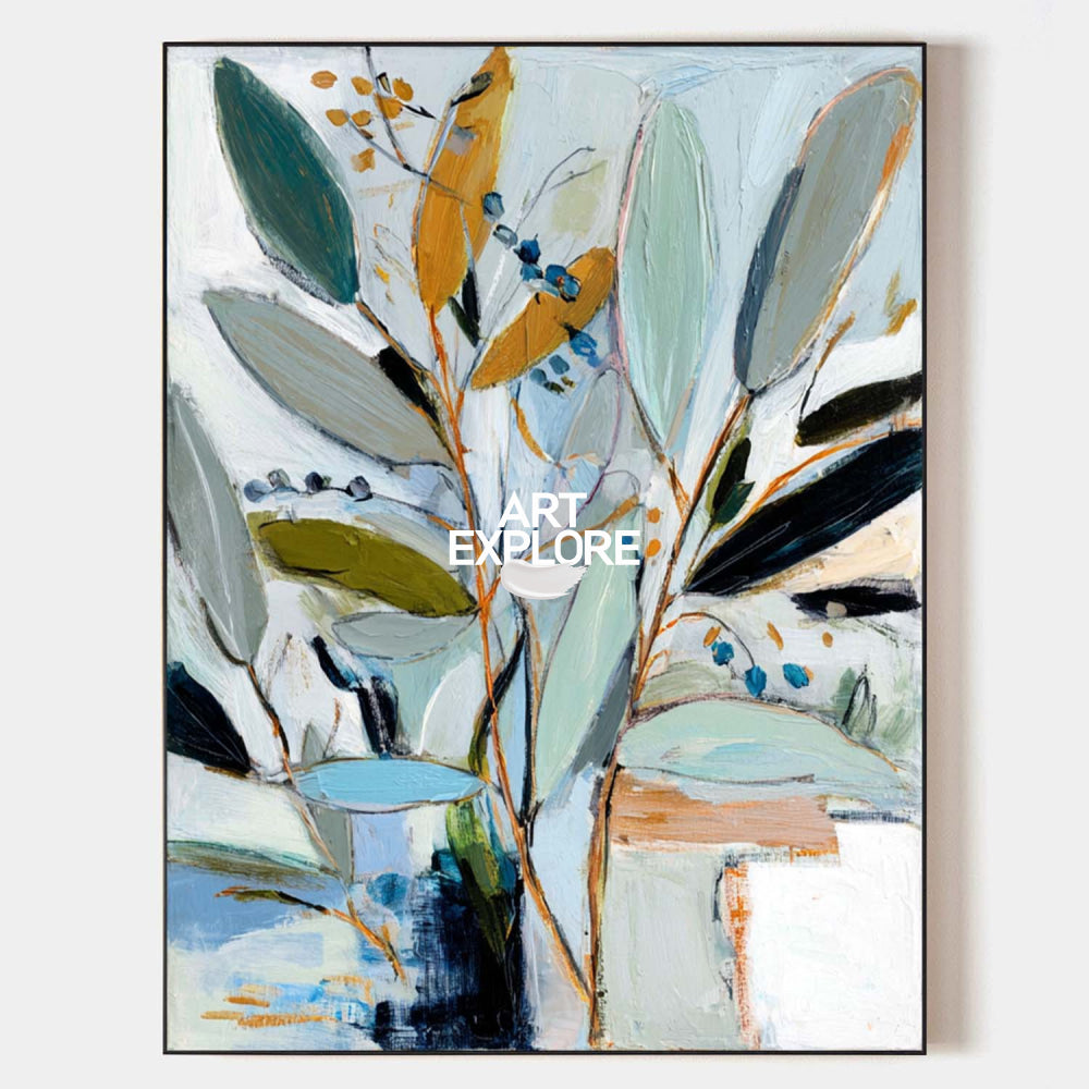 Large Hand-Painted Eucalyptus Abstract Modern Botanical Wall Art