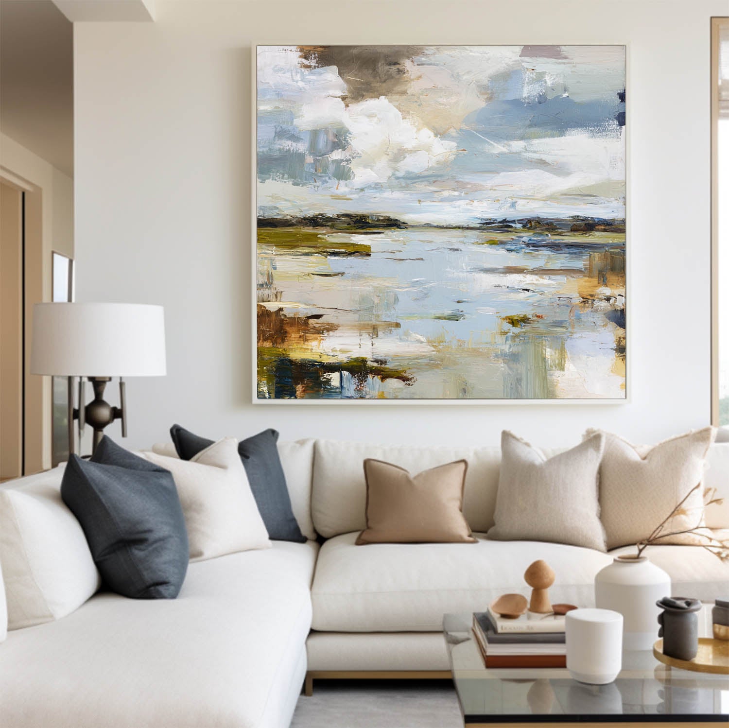 Large Handmade Blue Lake Texture Painting – Modern Abstract Scenery Canvas Wall Art for Contemporary Home Decor