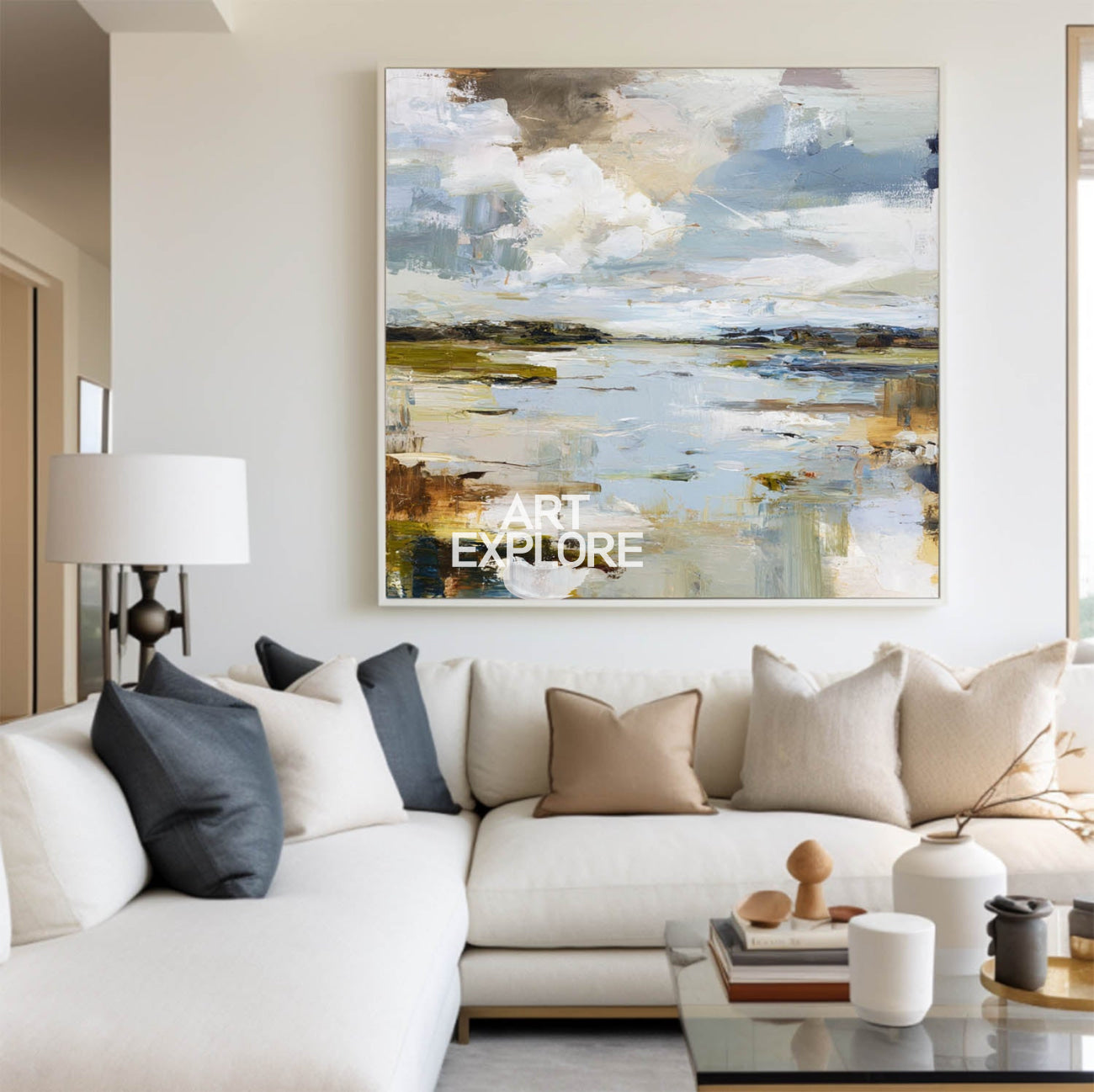 Large Handmade Blue Lake Texture Painting – Modern Abstract Scenery Canvas Wall Art for Contemporary Home Decor