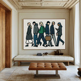 Large Handmade Modern Canvas Painting – Minimalist Urban Crowd Scene for Living Room, Office, or Dining Area