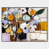 Large Horizontal Abstract Floral - Hand-Painted Ochre & White Impasto Art for Sale | ArtExplore