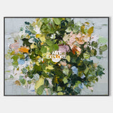 Large Horizontal Green Abstract Painting Thick Impasto Bouquet Art