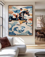 Large Horse Riding Wall Art | Modern Blue Textured Oil Painting for Home | ArtExplore