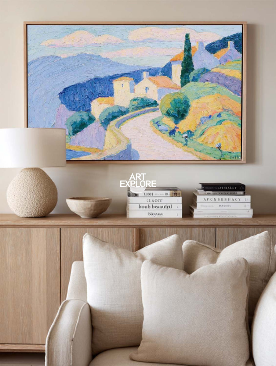 Hand-Painted Seaside Village Landscape Canvas Art With Blue Sky