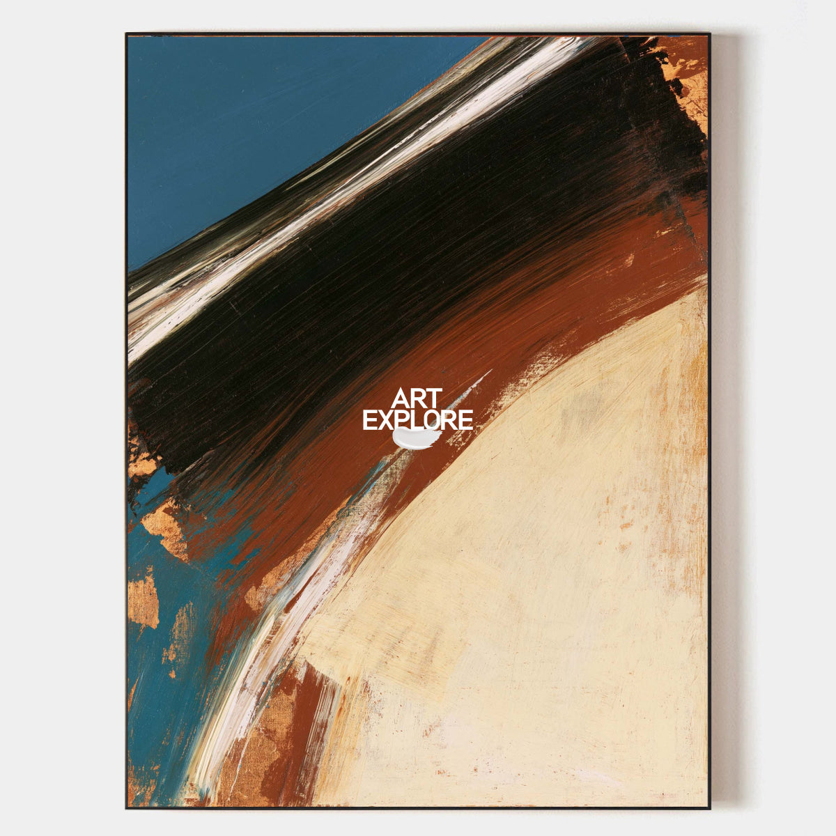 Abstract Blue And Beige Canvas Painting With Earthy Brown Tones