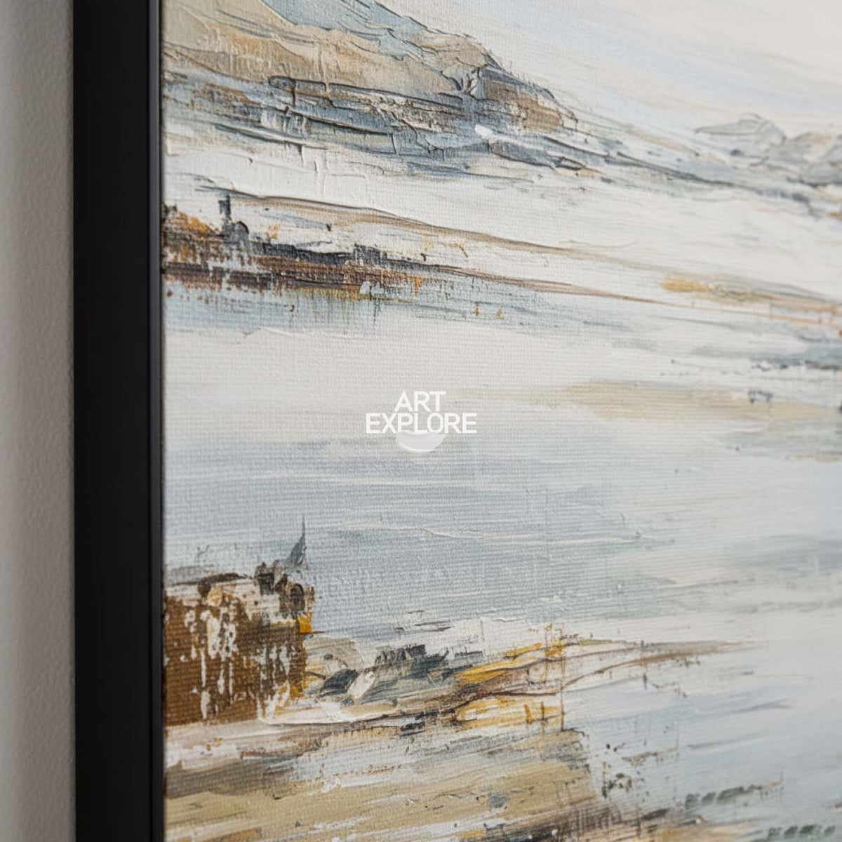 Large Minimalist Beige Blue Lake View Oil Texture Art for SOHO ArtExplore