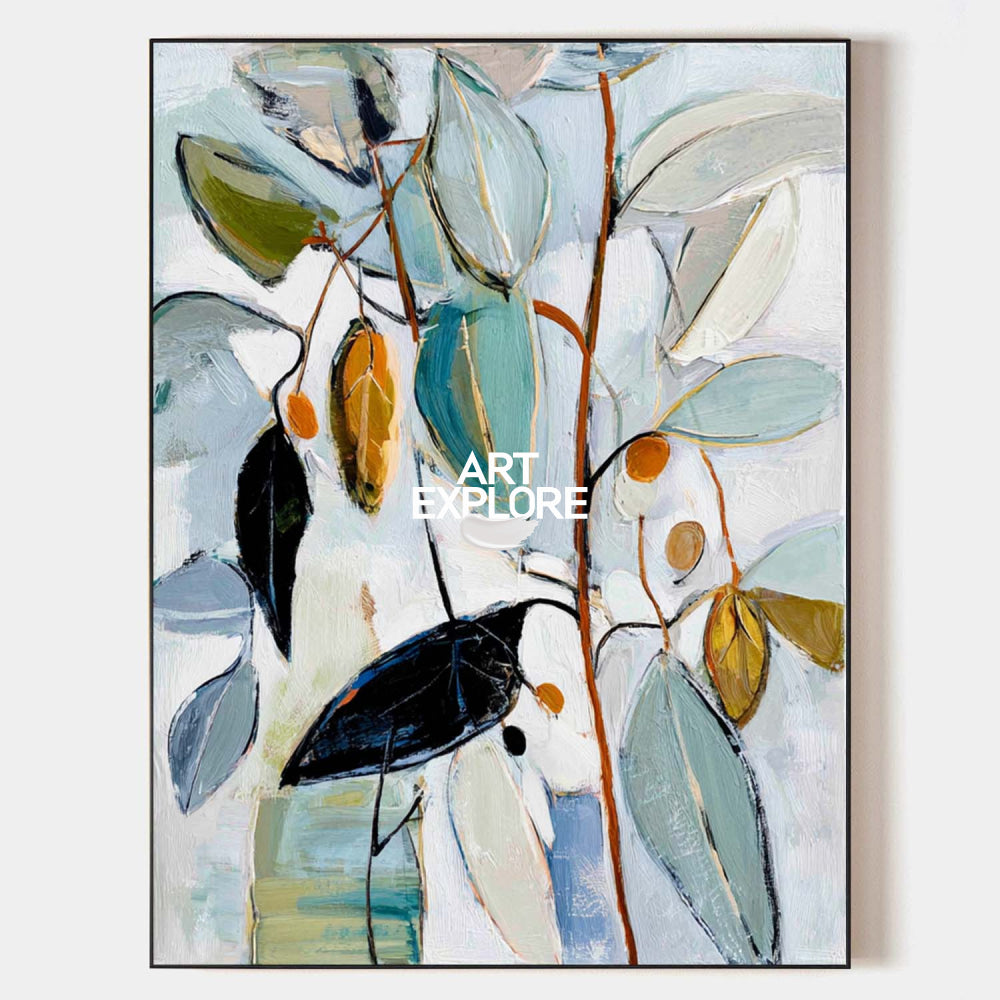 Large Minimalist Botanical Painting Blue and Gold Leaf Art