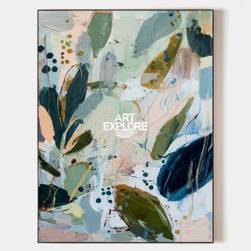 Large Mixed Media Botanical Abstract Painting Olive and Navy Art
