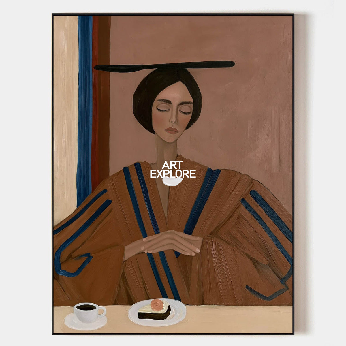 Modern Elegant Woman Portrait Canvas Painting In Brown And Blue Tones