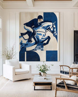 Large Navy Horse Riding Painting | Minimalist Equestrian Wall Decor | ArtExplore