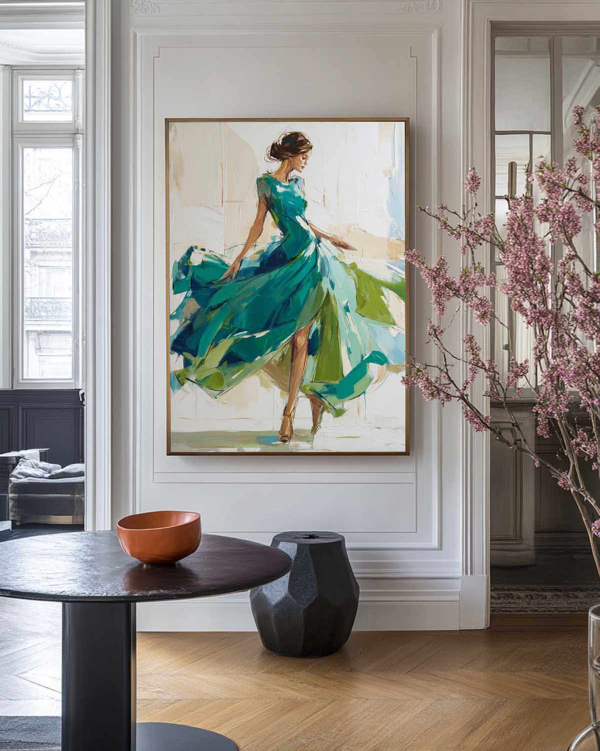Large Painting of Elegant Woman in Flowing Green Dress | Green Wall Decor Painting for Living Room
