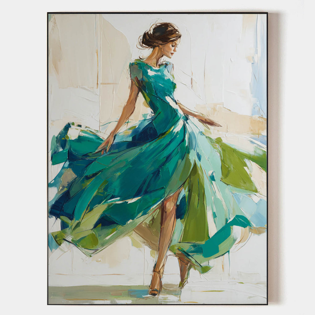 Large Painting of Elegant Woman in Flowing Green Dress | Green Wall Decor Painting for Living Room