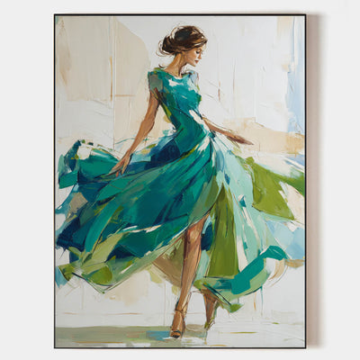 Large Painting of Elegant Woman in Flowing Green Dress | Green Wall Decor Painting for Living Room