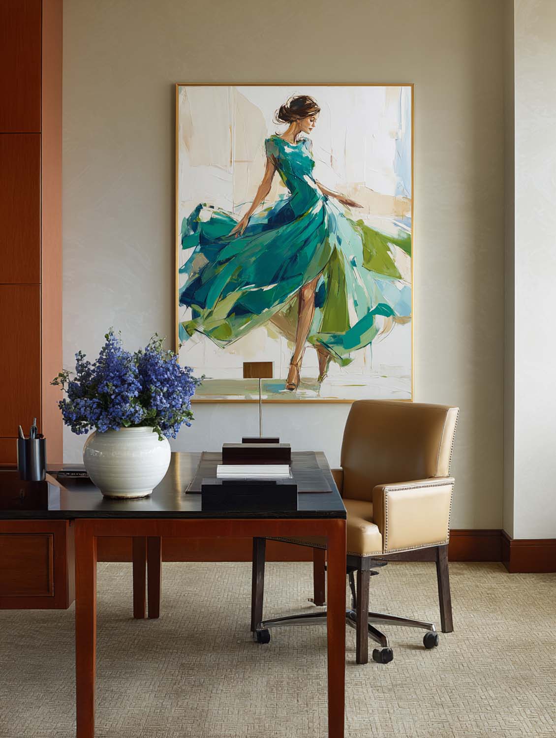 Large Painting of Elegant Woman in Flowing Green Dress | Green Wall Decor Painting for Living Room