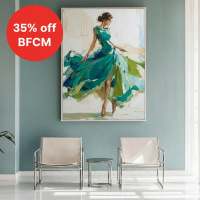 Large Painting of Elegant Woman in Flowing Green Dress | Green Wall Decor Painting for Living Room