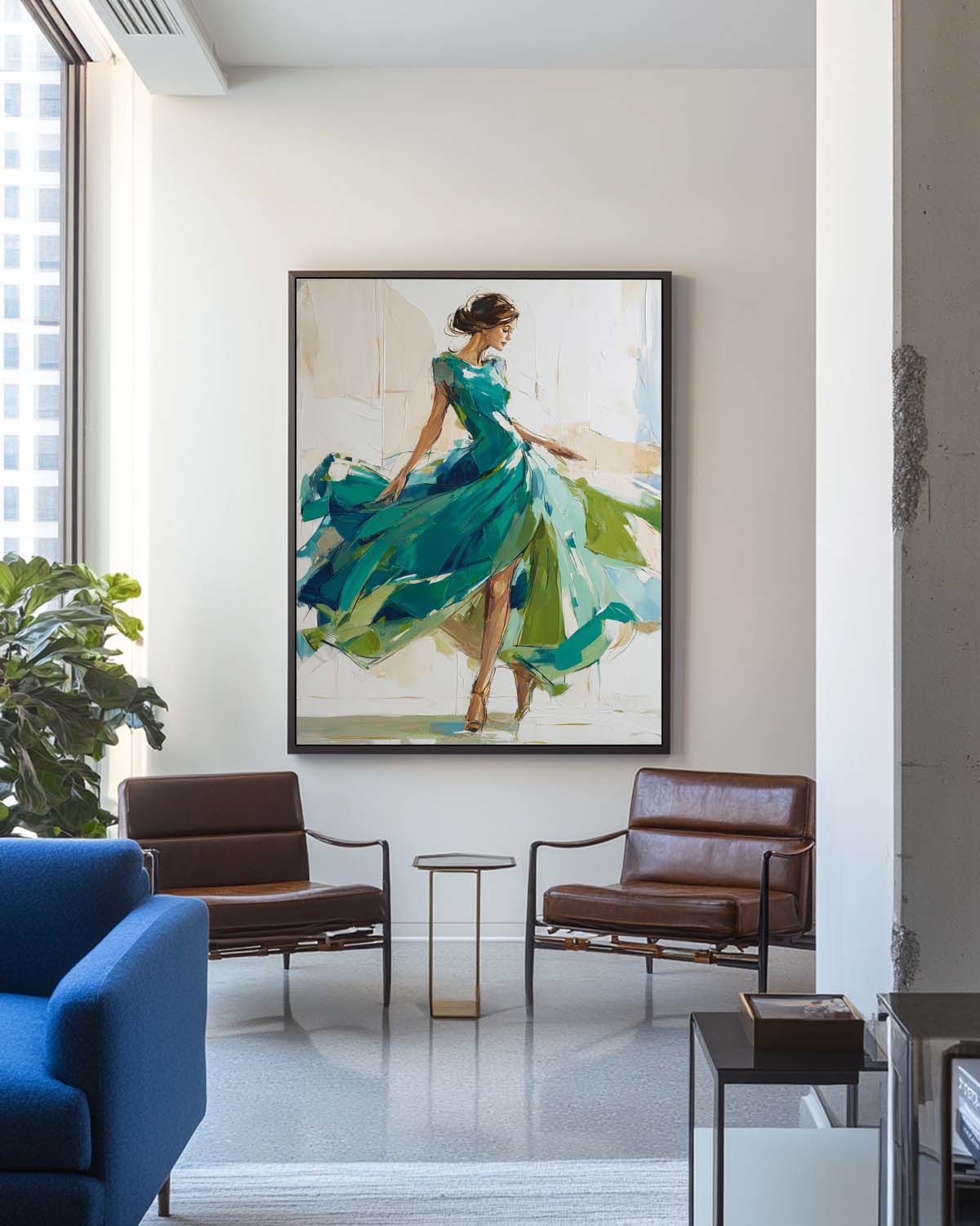 Large Painting of Elegant Woman in Flowing Green Dress | Green Wall Decor Painting for Living Room