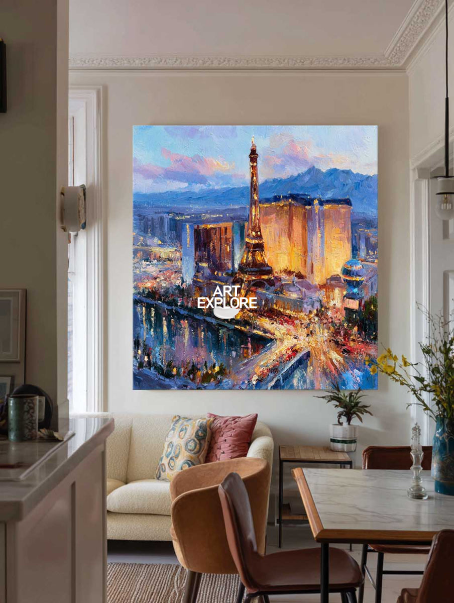 Hand-Painted Paris Cityscape Canvas Art With Eiffel Tower In Blue And Gold