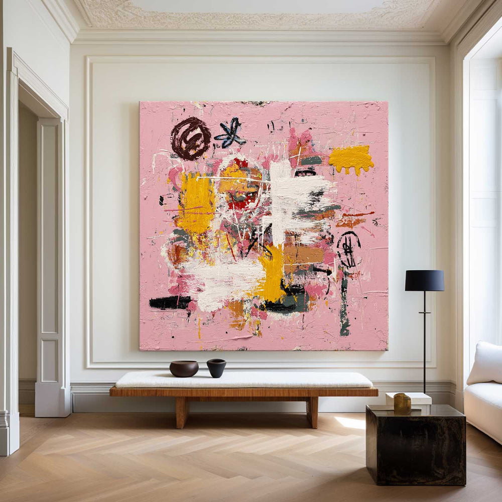 Large Pink Abstract Graffiti Wall Art, Thick Textured Pink Canvas Painting for Bold Home Decor