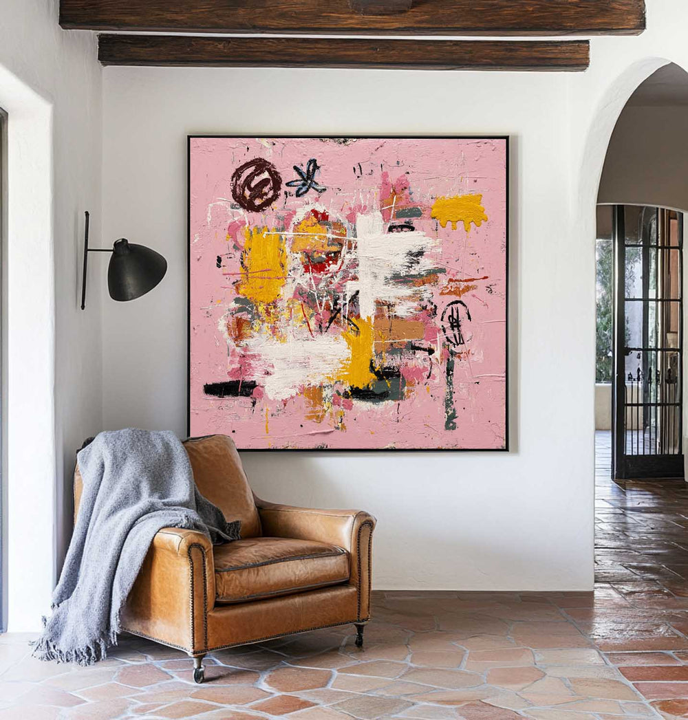 Large Pink Abstract Graffiti Wall Art, Thick Textured Pink Canvas Painting for Entry Way