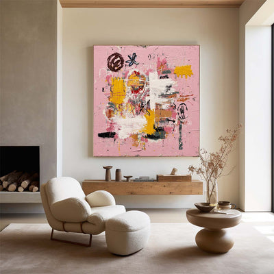 Large Pink Abstract Graffiti Wall Art, Thick Textured Pink Canvas Painting for Fireplace