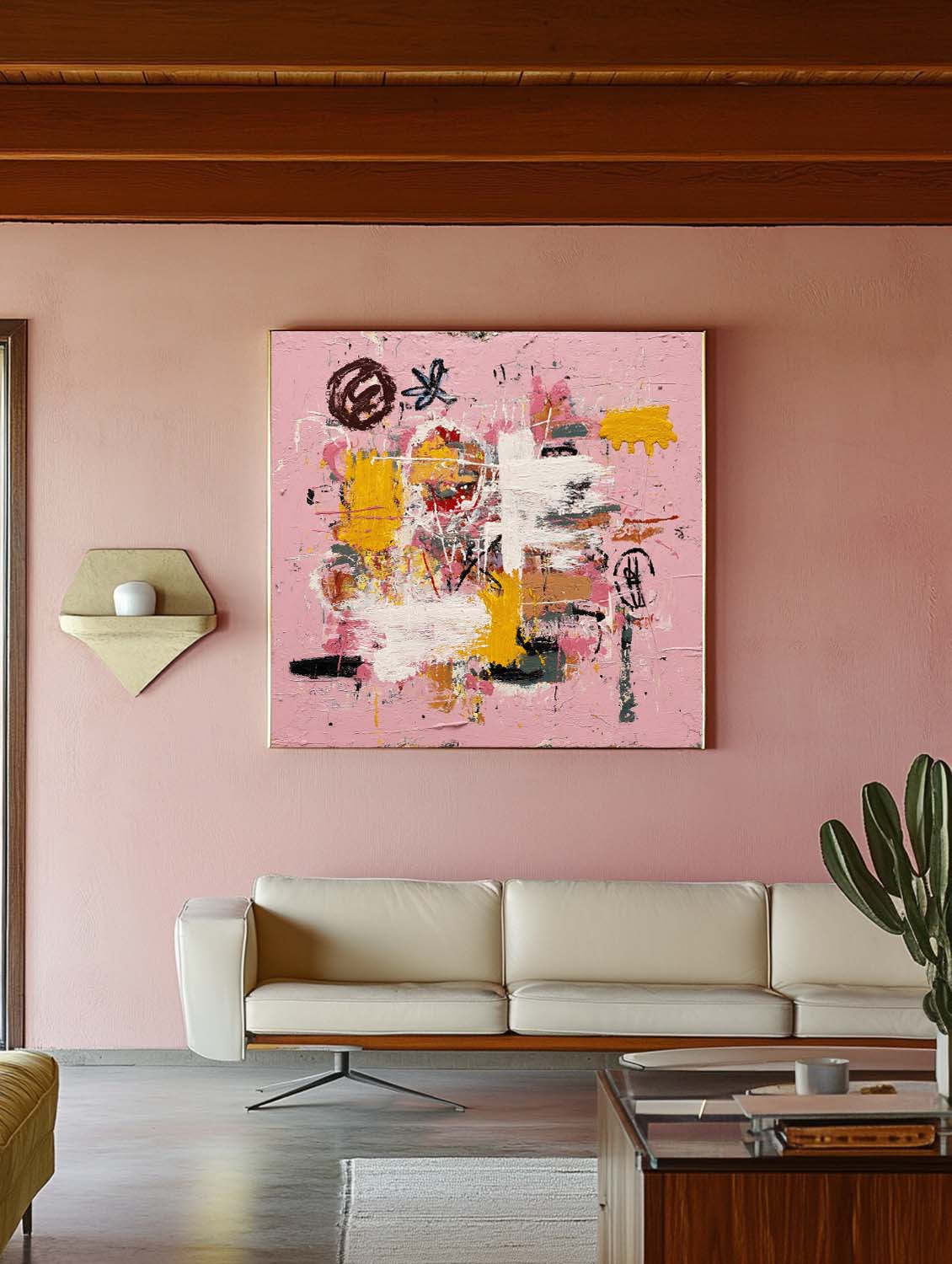 Large Pink Abstract Graffiti Wall Art, Thick Textured Pink Canvas Painting for Lounge