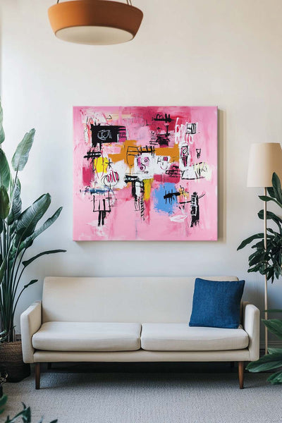 Large Pink Graffiti Painting Basquiat Painting ArtExplore Modern Abstract Graffiti Wall Art For Entry Way