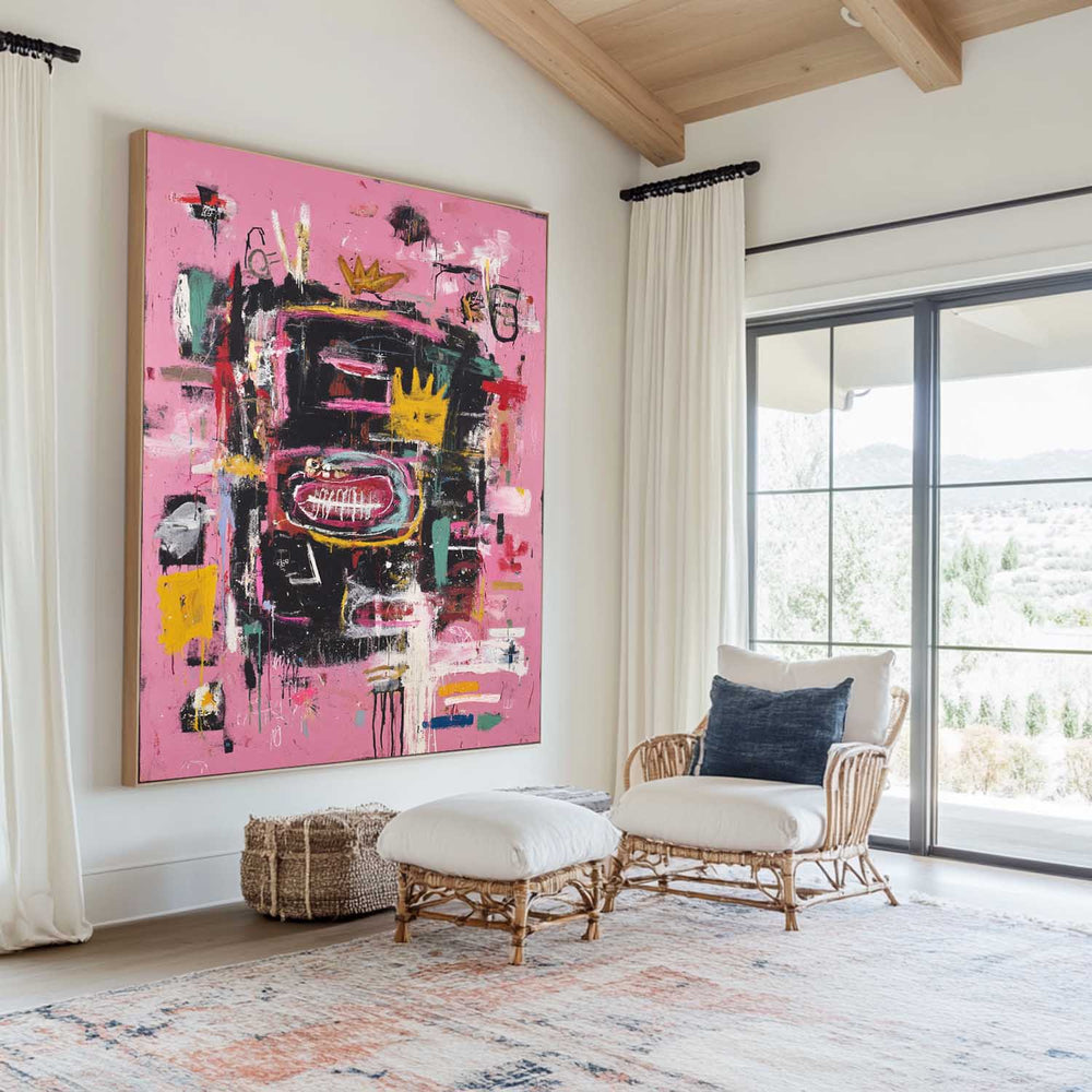 Large Pink Wall Art Abstract Graffiti Painting Jean-Michel Basquiat Abstract Graffiti Art Street Artwork
