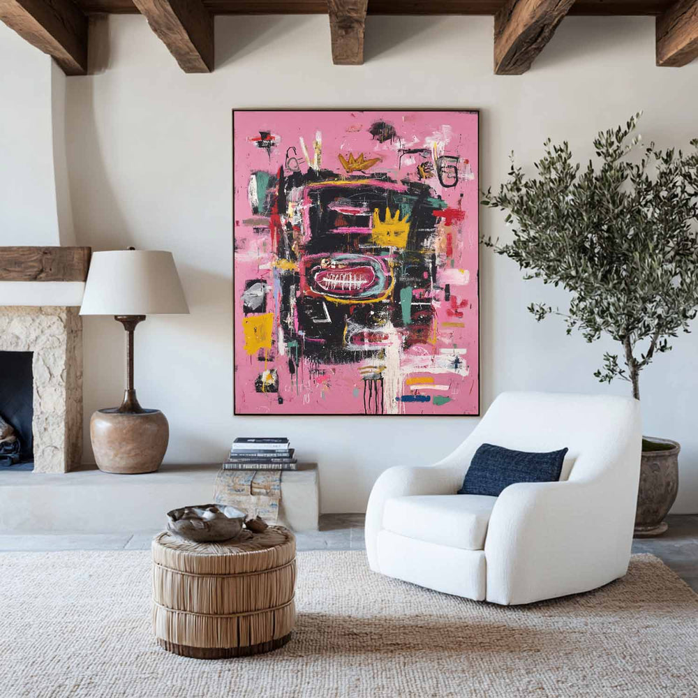 Large Pink Wall Art Abstract Graffiti Painting Jean-Michel Basquiat Abstract Graffiti Art Street Artwork