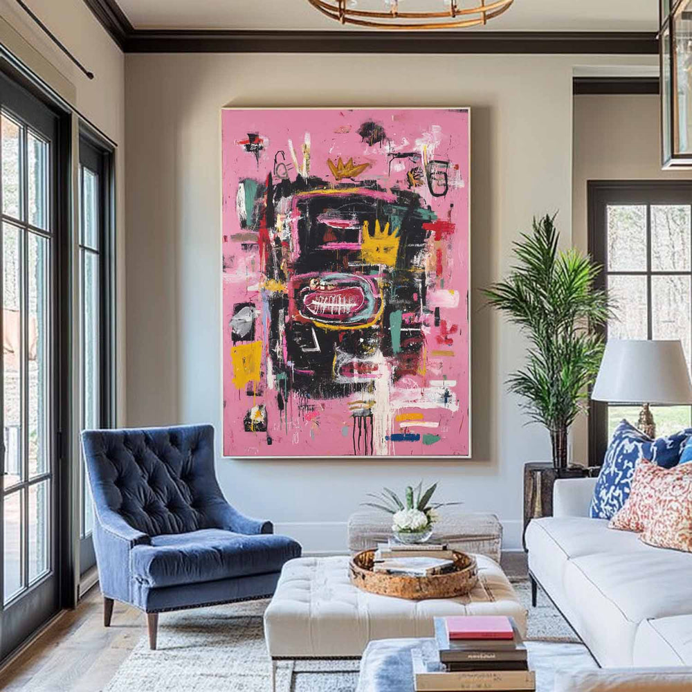 Large Pink Wall Art Abstract Graffiti Painting Jean-Michel Basquiat Abstract Graffiti Art Street Artwork