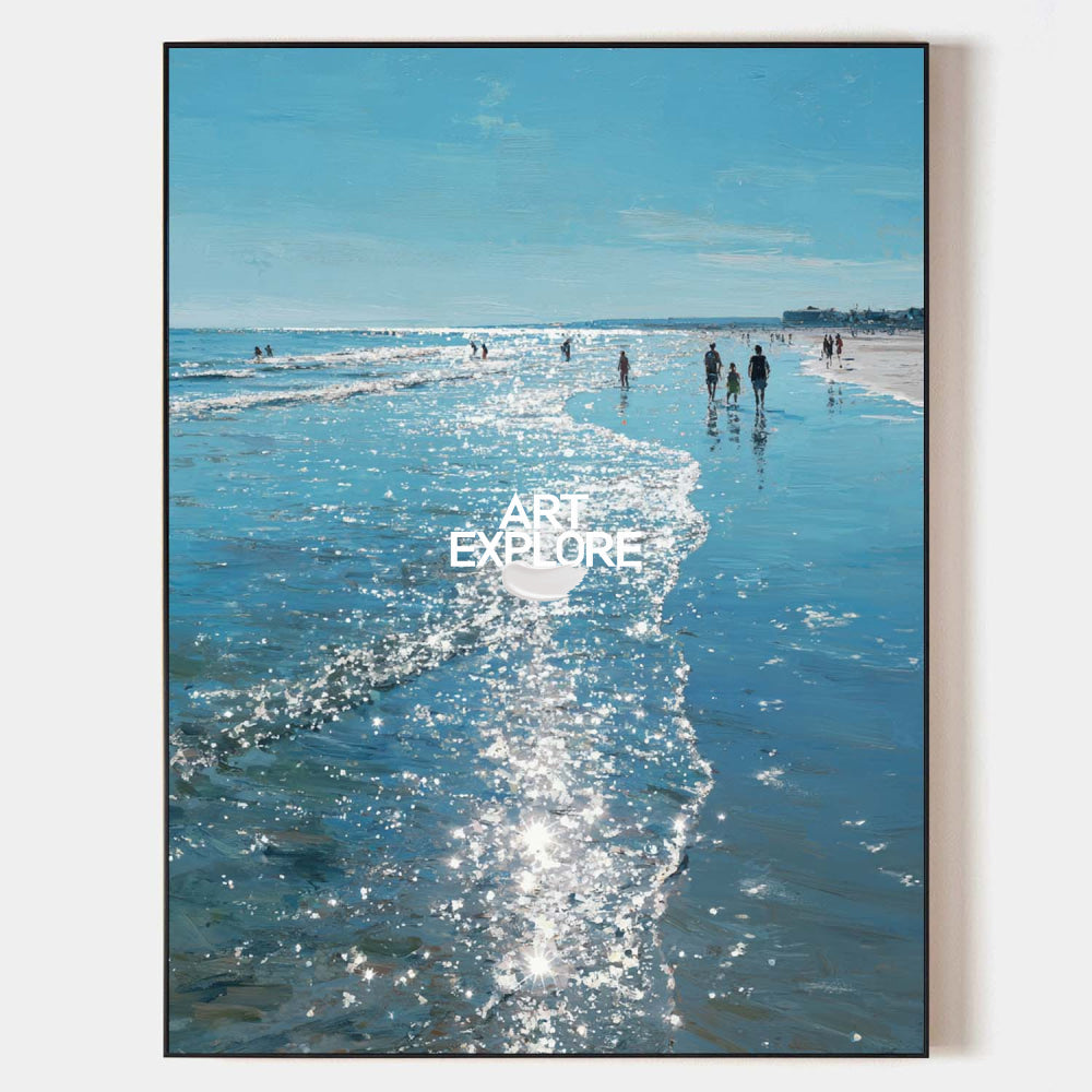 Large Radiant Beach Painting Sparkling Water 3D Impasto Seascape