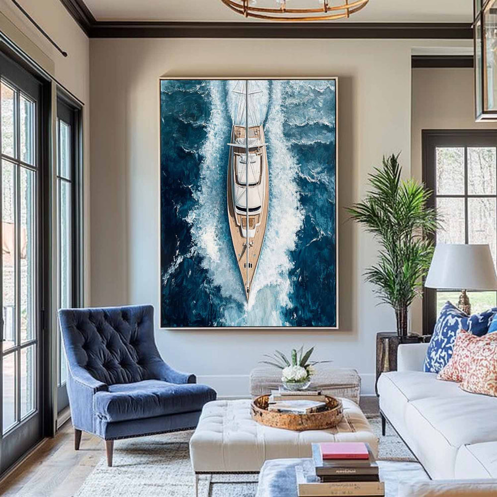 Large Sea Ship Canvas Wall Art Blue White Ship Wall Art Modern Fine Art Paintings for Sale
