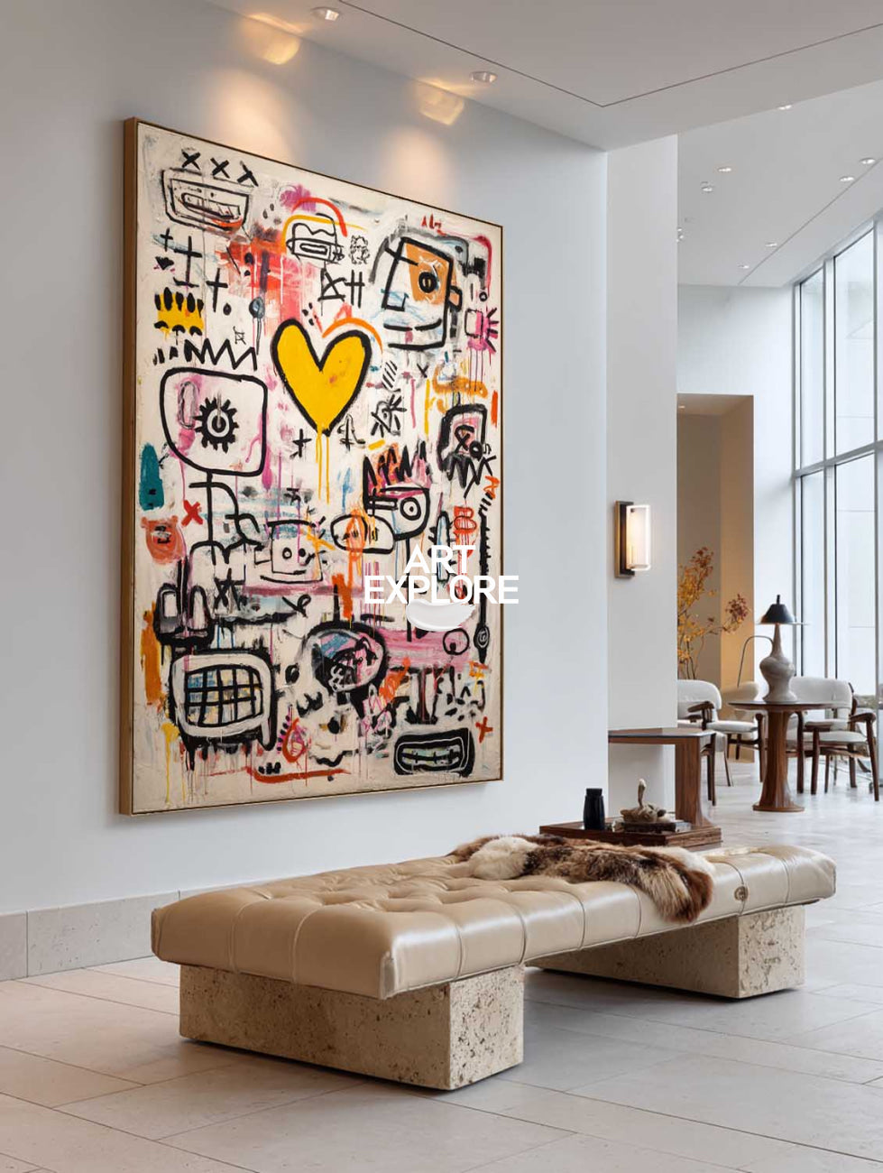 Large Space Warm Decor, Basquiat Inspired Handmade Abstract Canvas ArtExplore
