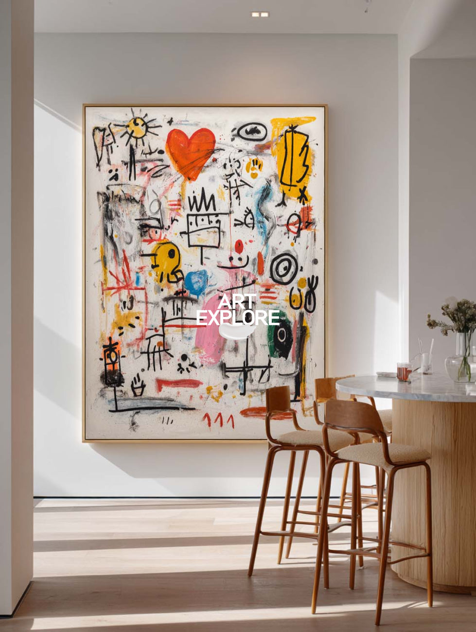 Large Space Warm Wall Decor, Basquiat Inspired Handmade Abstract Canvas ArtExplore