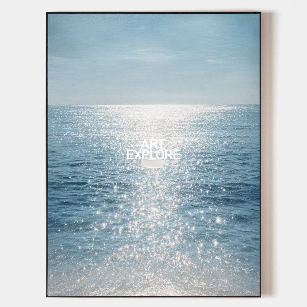 Large Sparkling Ocean Seascape Painting Textured Blue Water Art