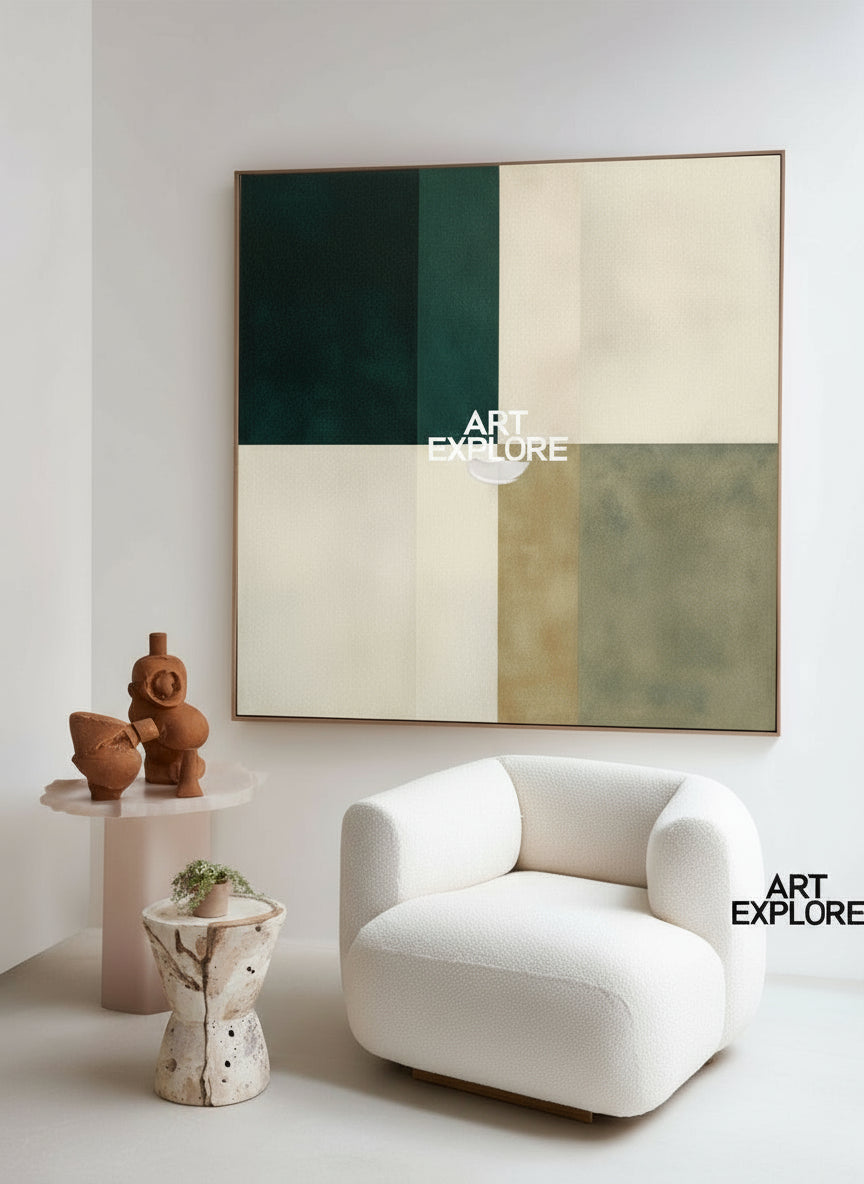 Large Square Green Minimalist Oil Painting for Modern Living Room – ArtExplore